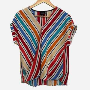 Womens Small Colorful Striped Rainbow Cap Sleeve Faux Wrap Rolled Hem Casual Top